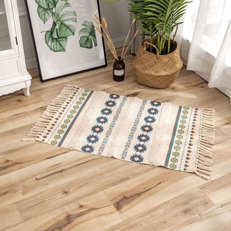 Fancy Beige Bohemian Carpet Polyester Americana Pattern Area Rug Fringe Rug for Home Decoration