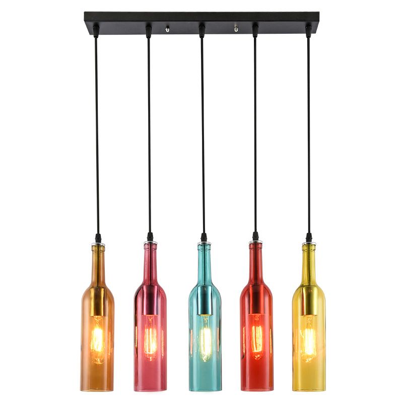 Art Deco Wine Flasche Hanging Lamp Glass 5 Light Restaurant Down Lighting Anhänger in mehrfarbigem Farben