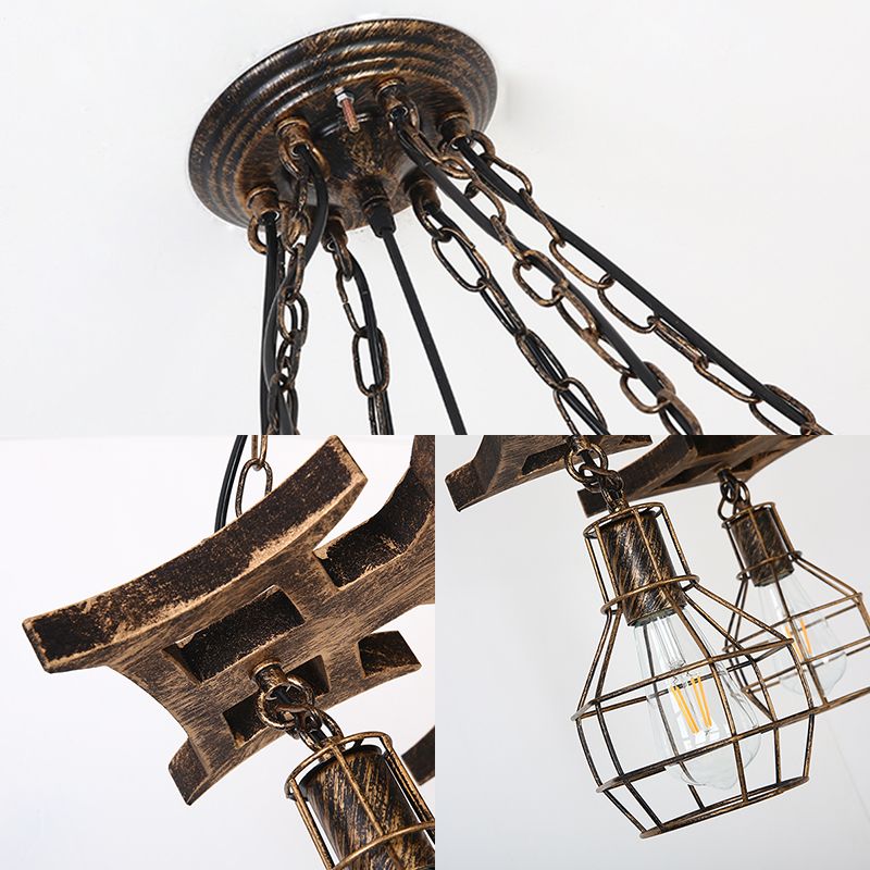 6 lampen Globe kroonluchter licht vintage bronzen metalen hangende plafondarmatuur met kooi