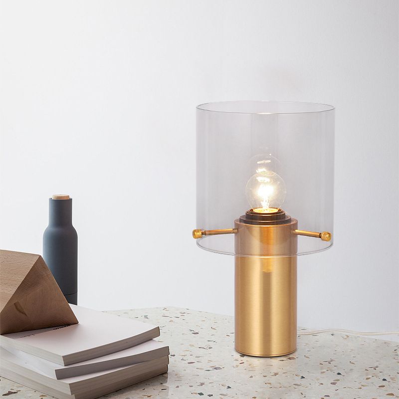 1 Bulb Living Room Table Light Postmodern Brass Night Lamp with Cylinder Translucent Glass Shade