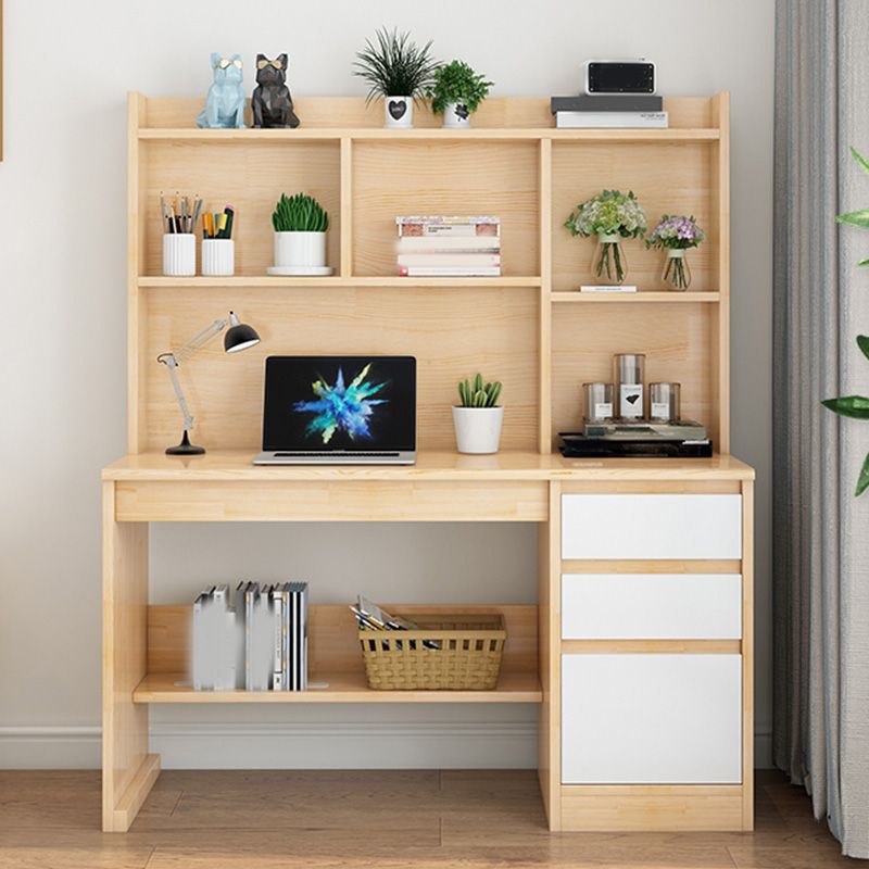 Writing Desk in Natural Solid Wood with 2 Drawers and Bookshelf