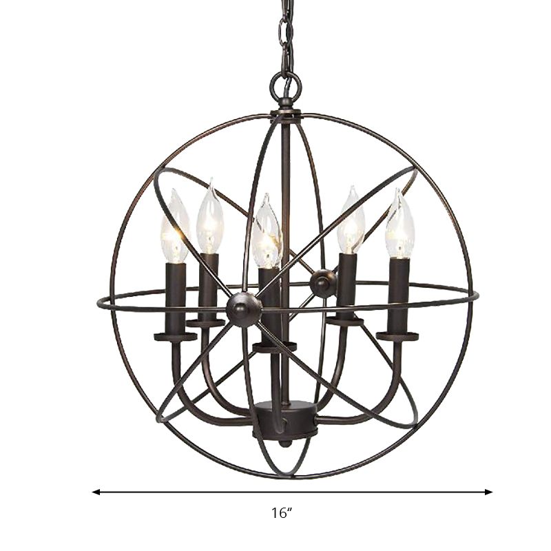 Metal Strap Globe Chandelier Pendant Light Vintage 5 Bulbs Restaurant Hanging Lamp in Black