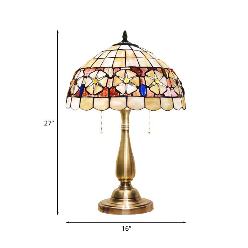 Shell Flower-Belt Hemisphere Table Lamp Mediterranean 2-Light Brushed Brass Night Stand Light with Pull Chain