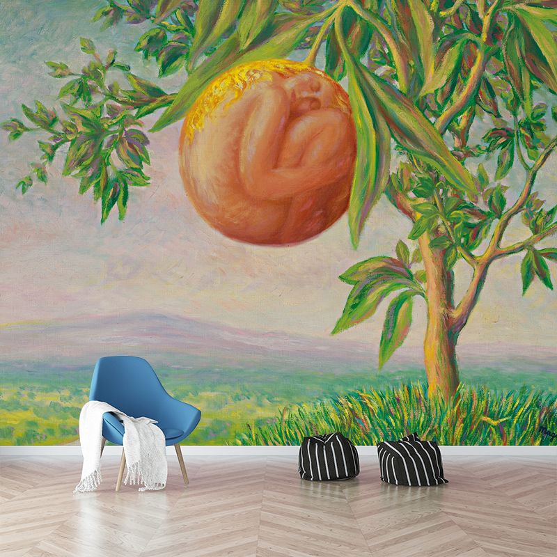 Rene La Vie Heureuse Mural Wallpaper in Orange-Green Surrealist Wall Covering for Living Room