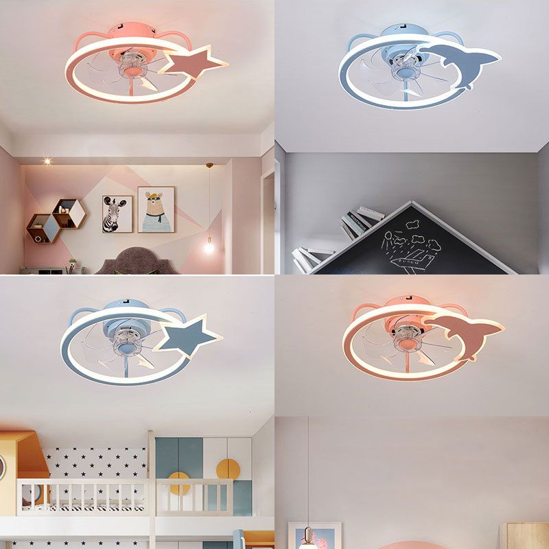 Cartoon LED Semi Flush Lamp Circular Ceiling Fan Light with Acrylic Shade for Child Room