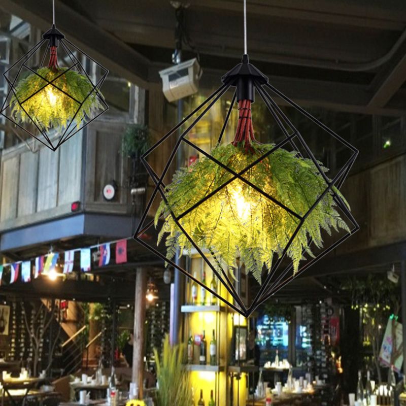 Käfig-Eisenpflanze Hanging Lampe Vintage Single-Bulb Restaurant Beleuchtung Anhänger in Grün