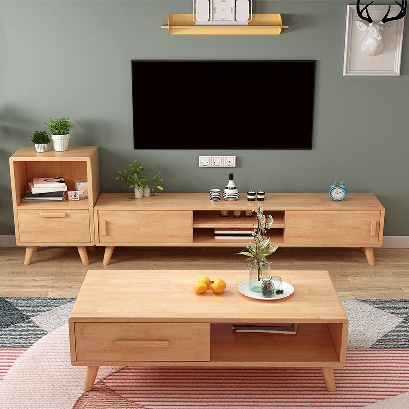 Rubber Wood TV Stand Console Open Storage TV Stand with 2 Sliding Door , 12" D X 17" H