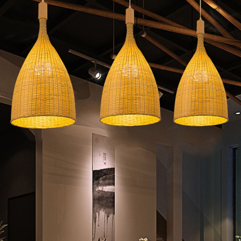 Lampada a sospensione a singolo ristorante Asia BEIGE Luce a sospensione con sfumatura di bambù a imbuto