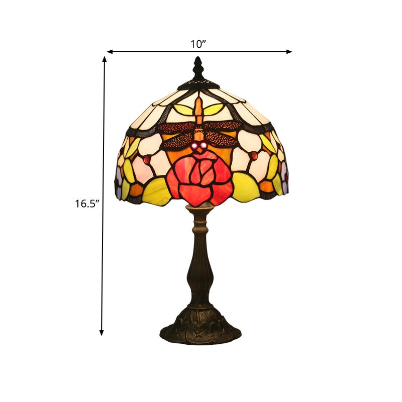 Bronze Domed Task Lighting Mediterranean 1 Light Stained Art Glass Table Lamp with Rose and Dragonfly Pattern