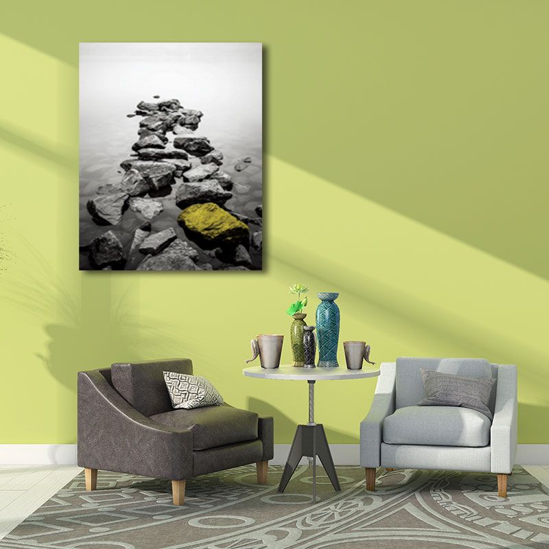 Photo Print River Stones Canvas Wall Art for Living Room, Grey and Yellow, Textured