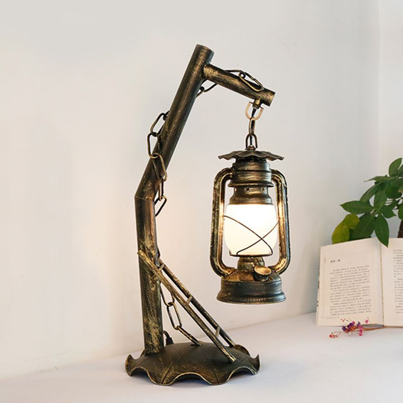 Opal Glass Lantern Table Lamp Vintage 1 Head Bedroom Desk Light in Brass with Metal Angled Arm