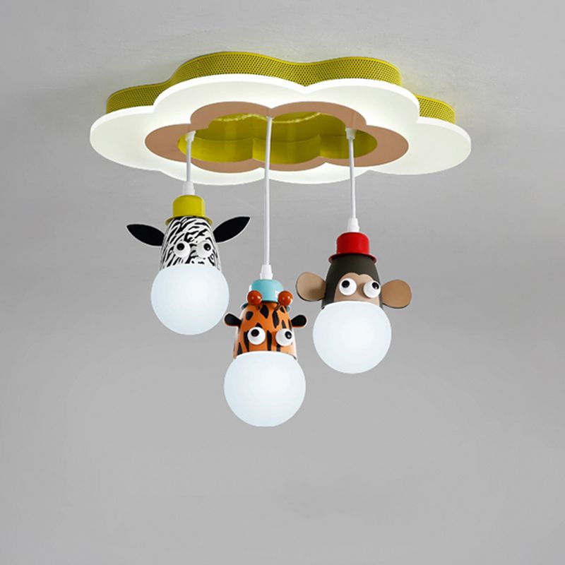 Metallic Animal Head Multi Ceiling Lamp Kids White Suspension Light with Cloud Shaped Canopy