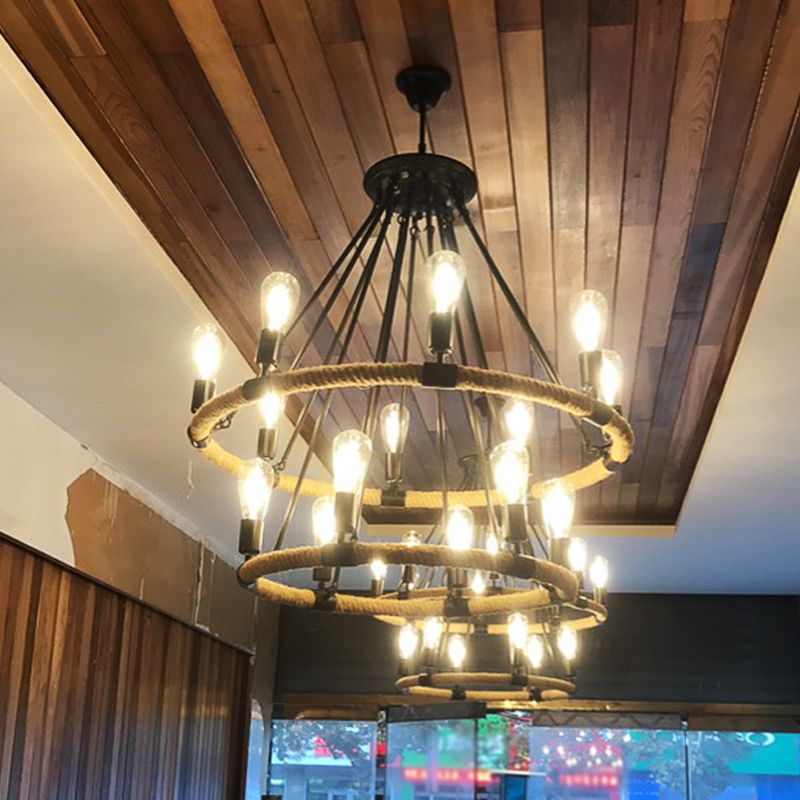 Rope Beige Pendant Chandelier Hoop Industrial-Style Chandelier Lamp for Restaurant