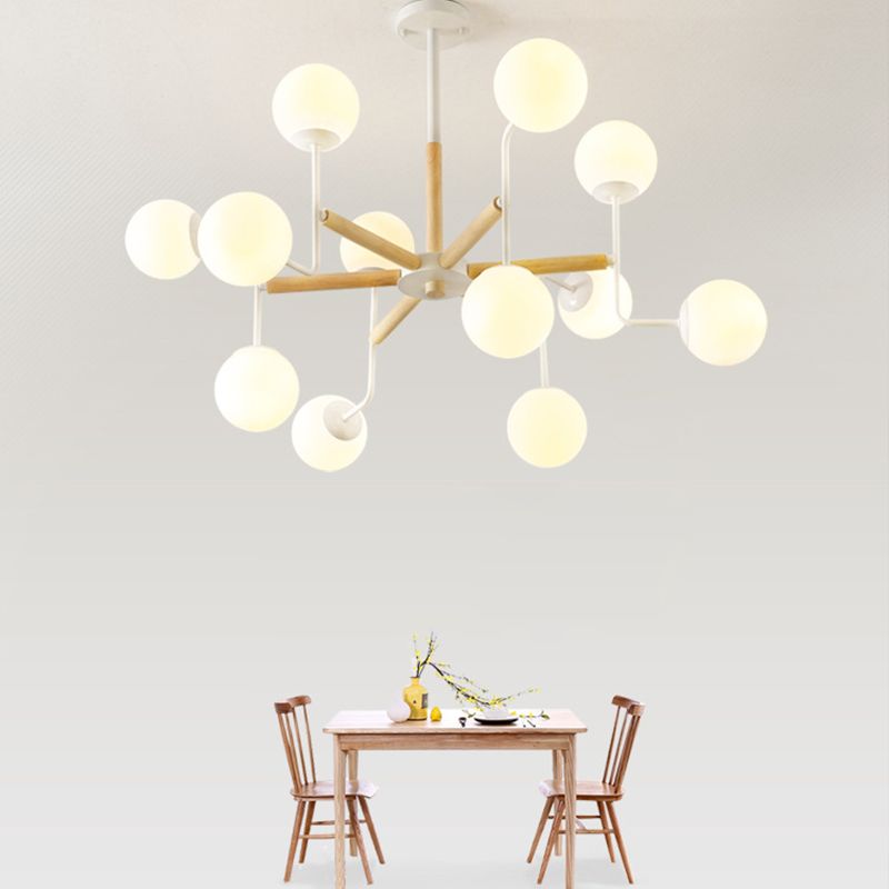 Simple Chandelier Lighting Fixture Wood Spherical Pendant Lamp with Opaline Glass Shade