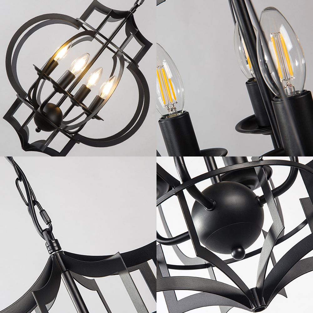 4-Bulb Ceiling Lamp with Candle Metal Shade Industrial Dining Room Chandelier Pendant Light in Black