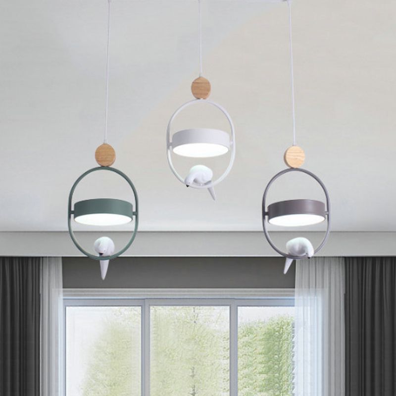 Nordic Style Ellipse Hanging Lamp Metal Single Bedside Down Lighting with Bird Decor and Round Shade in White/Grey/Green