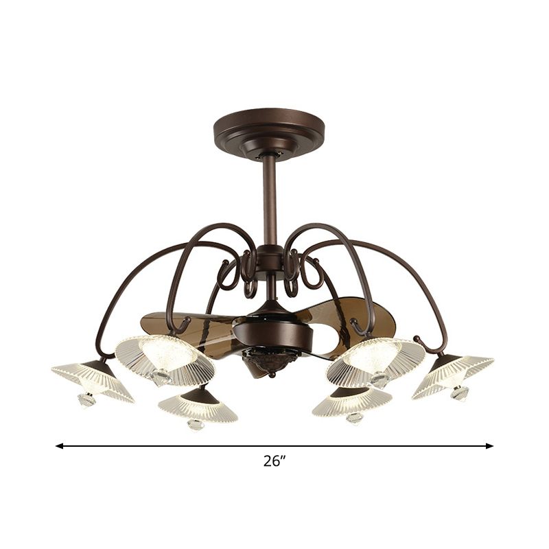 3-Blade Metal Geometry Semi Flush Mount Modernism 26" Wide LED Brown Ceiling Fan Light Fixture