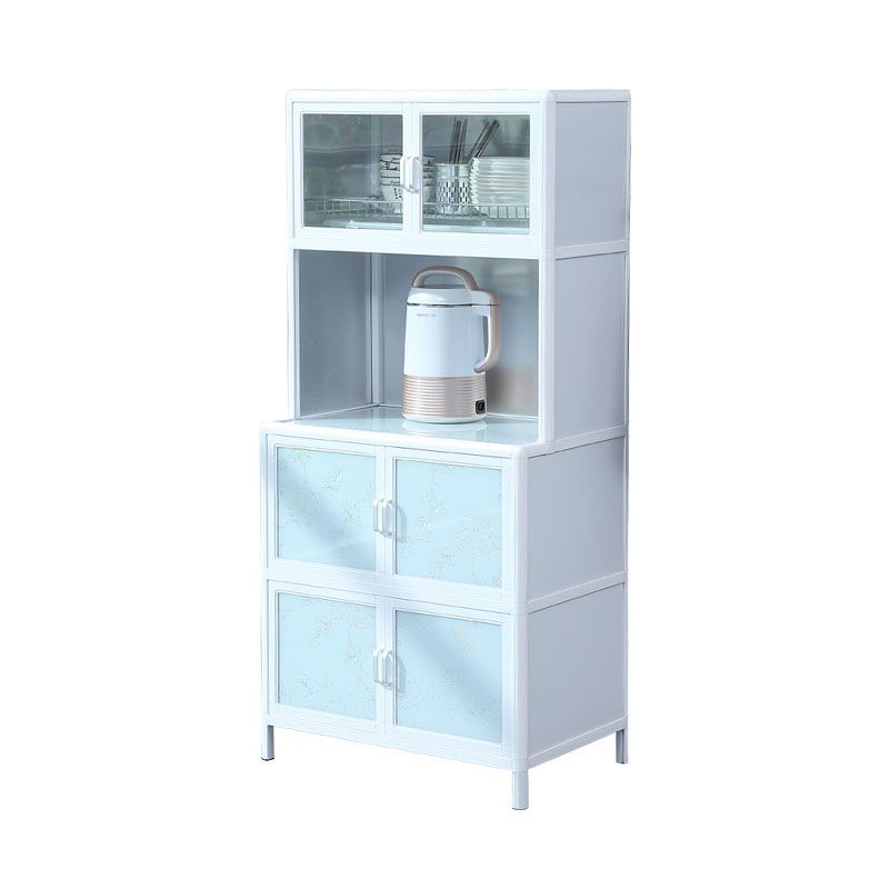 Kitchen White Metal Buffet/Console Glass Doors Cabinet Open Storage Buffet