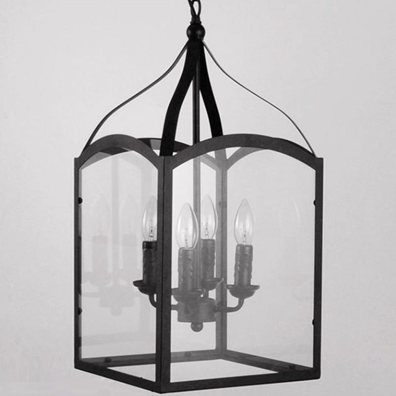 Black 4-Light Pendant Light in Industrial Classic Style Wrought Iron Hanging Lamp with Glass Shade