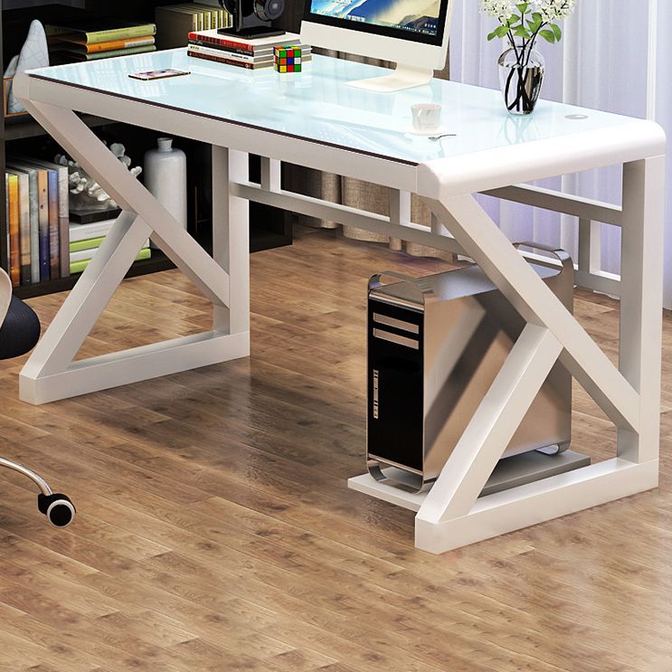 Contemporary Rectangular Computer Desk Toughened Glass Desktop Trestle Base Desk