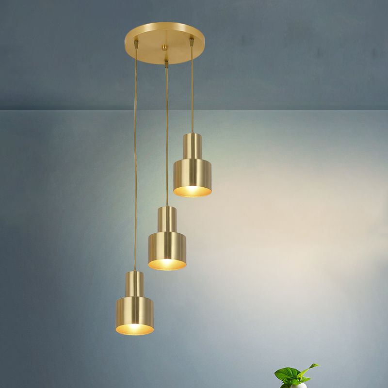 Metal Cylinder Suspension Lamp Colonial 3 Lights Kitchen Cluster Pendant Light in Gold with Linear/Round Canopy