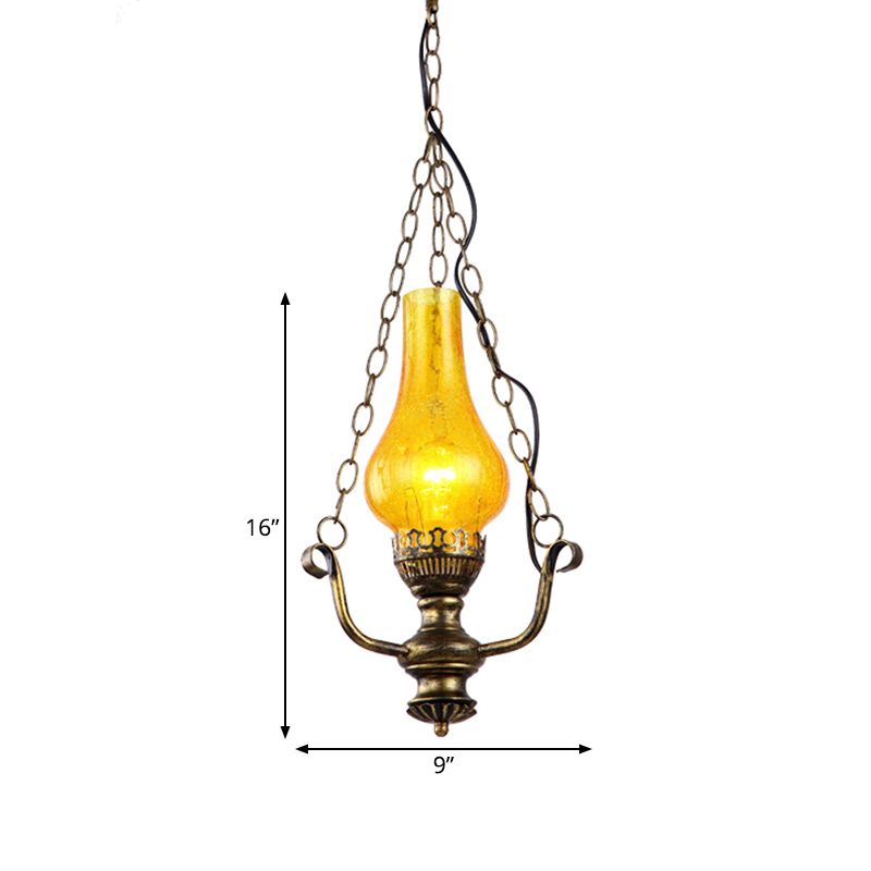 1 Light Vase Shade Pendant Lamp Coastal Brass Finish Yellow Crackle Glass Ceiling Hang Fixture