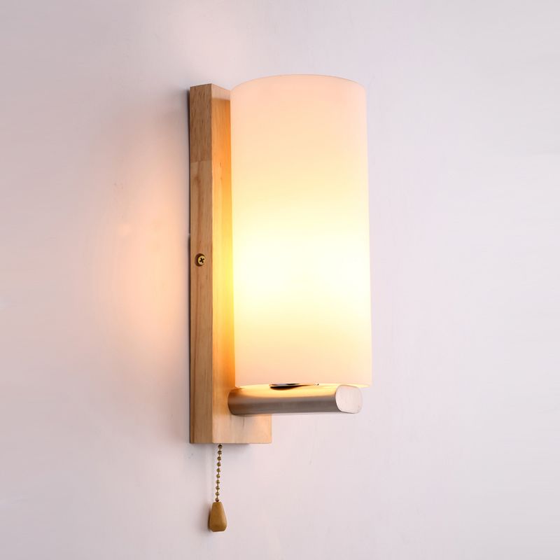 Cilíndrico de vidrio blanco Luz de apliques moderna 1 iluminación de montaje en la pared de la bulbo con placa posterior de madera rectangular