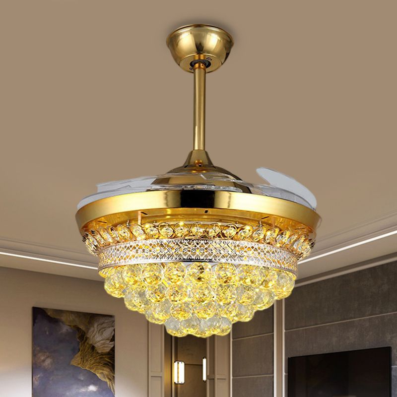 42" Width LED Semi Flush Mount Modern Tapered Clear Crystal Balls 3 Blades Hanging Fan Light in Gold