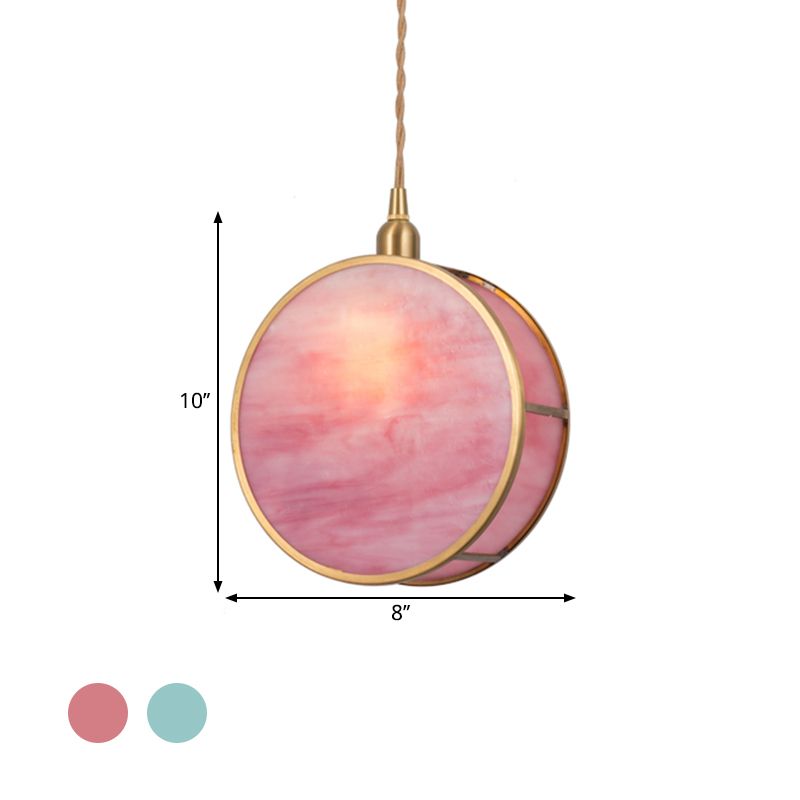 Nordic 1-Light Hanging Lamp Kit with Pink/Blue Glass Shade Brass Rounded Pendant Light Fixture