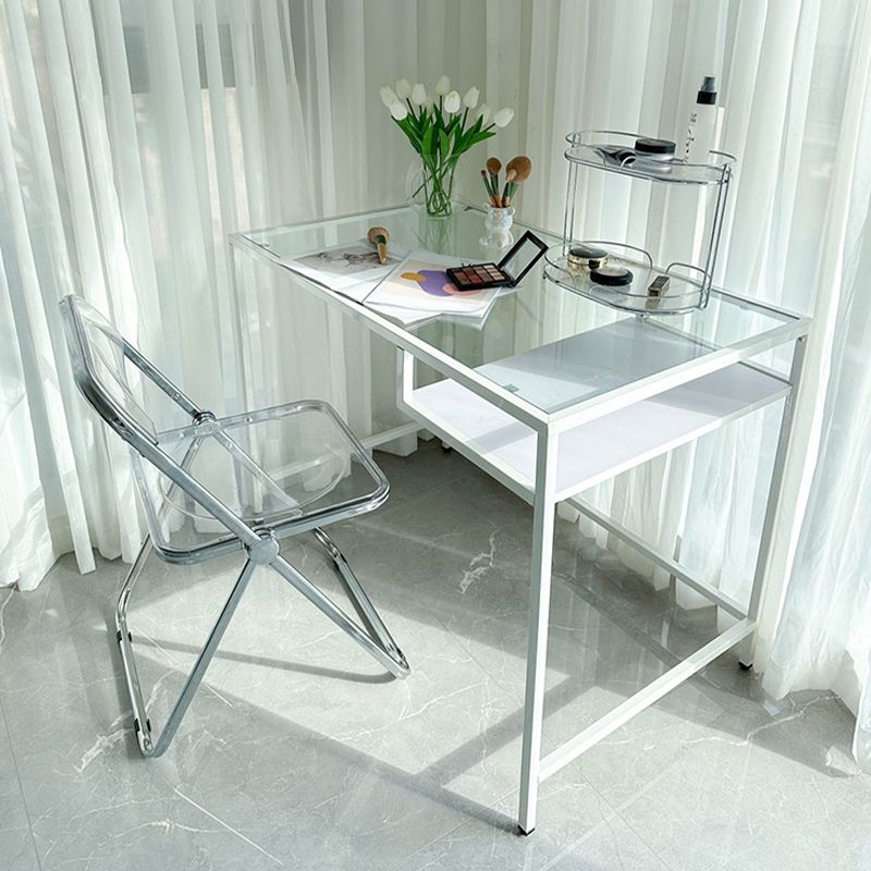 Modern Style Glass Writing Desk Rectangular Shape Office Table with 2-Legs for Home