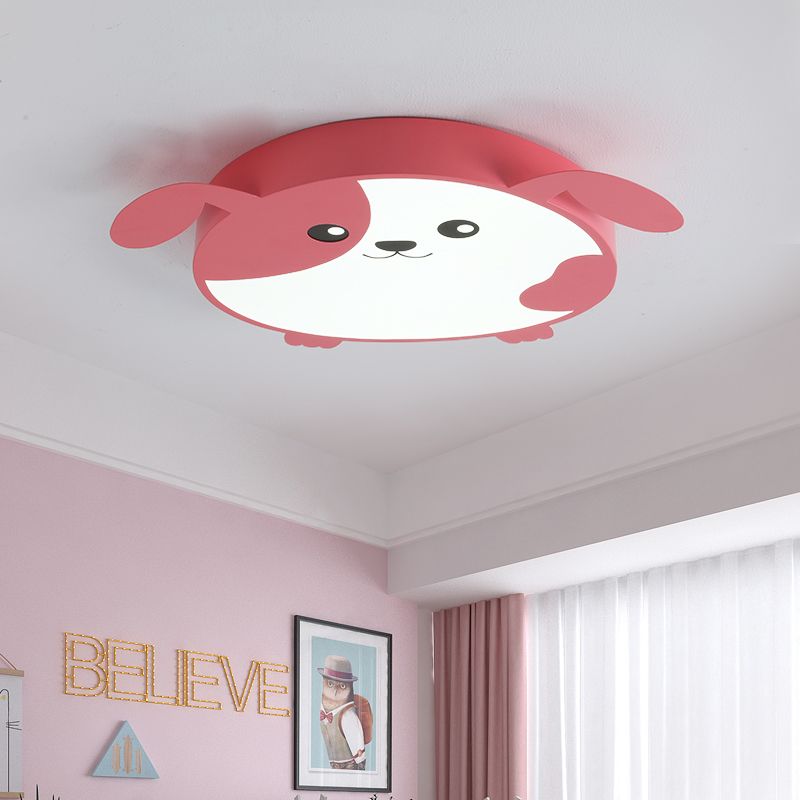 Kids Dog Shaped Flush Ceiling Light Metal LED Bedroom Pink/Green Close to Ceiling Light in Warm/White Light