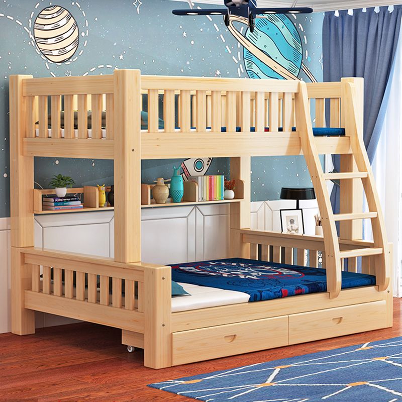 Modern Solid Wood Bunk Bed Natural Kid Bed with Stairway and Guardrail