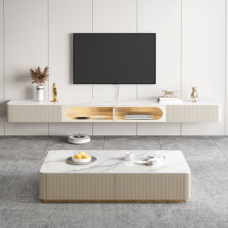 Contemporary Media Console Floating Stone Stand Console with Doors