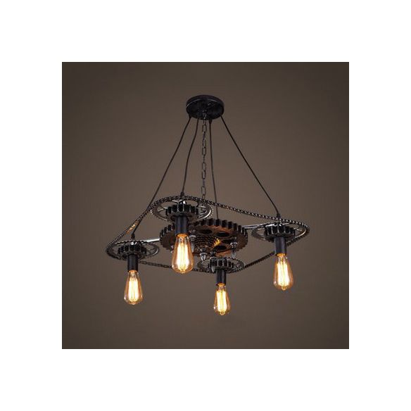 Black Finish 4 Heads Ceiling Fixture Industrial Style Metallic Bare Bulb Pendant Light with Gear Deco