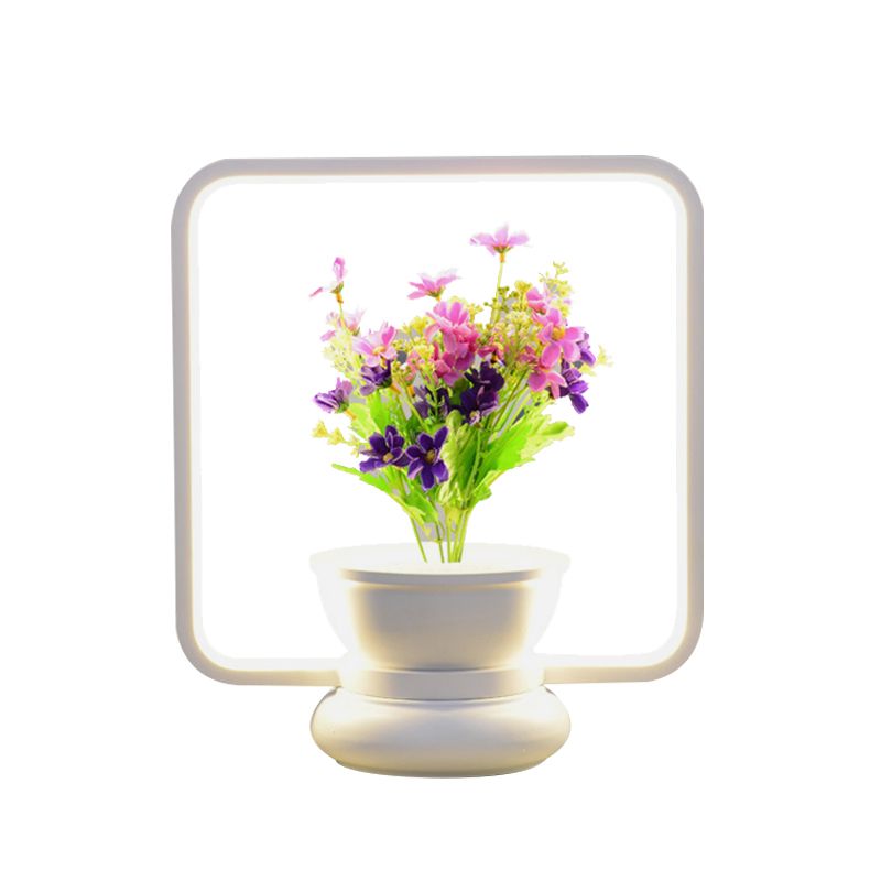 Round/Square Bedroom Table Light Industrial Metal LED Black/White Night Lamp with Plant Decoration, Warm/White Light