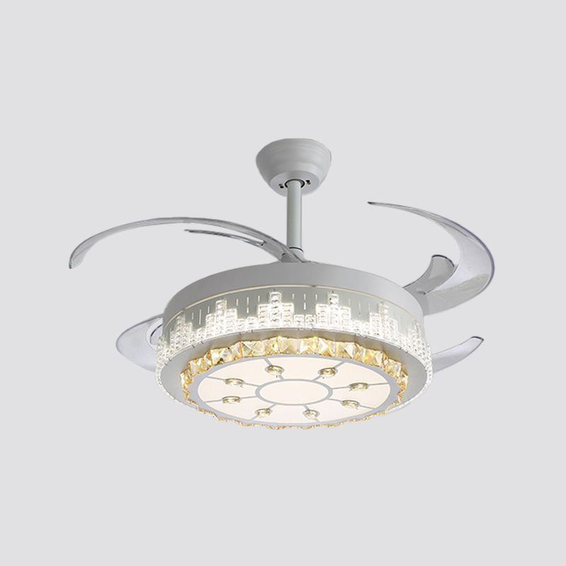 Nordic Round 4-Blade Semi Flush Light Fixture Crystal Living Room LED Hanging Fan Lamp in White, 19" Wide