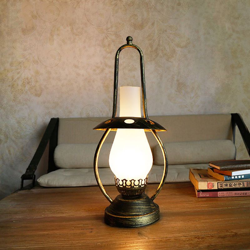 Brass Finish 1 Head Desk Lamp Industrial White Glass Lantern Metallic Table Light with Metal Base