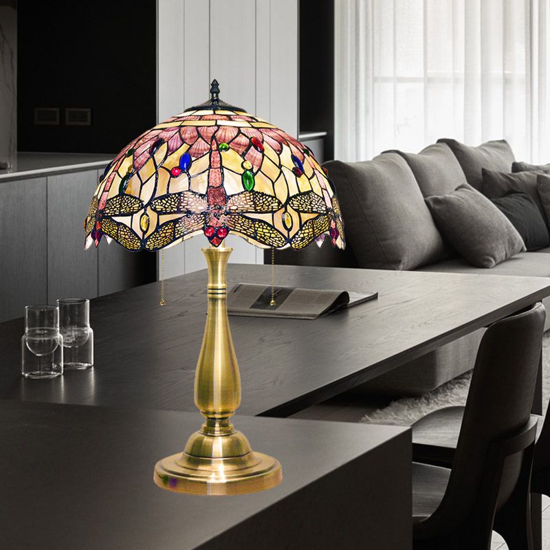 Scalloped Dome Shade Shell Night Lamp Tiffany 2 Heads Brushed Brass Table Lighting with Dragonfly Edge and Pull Chain