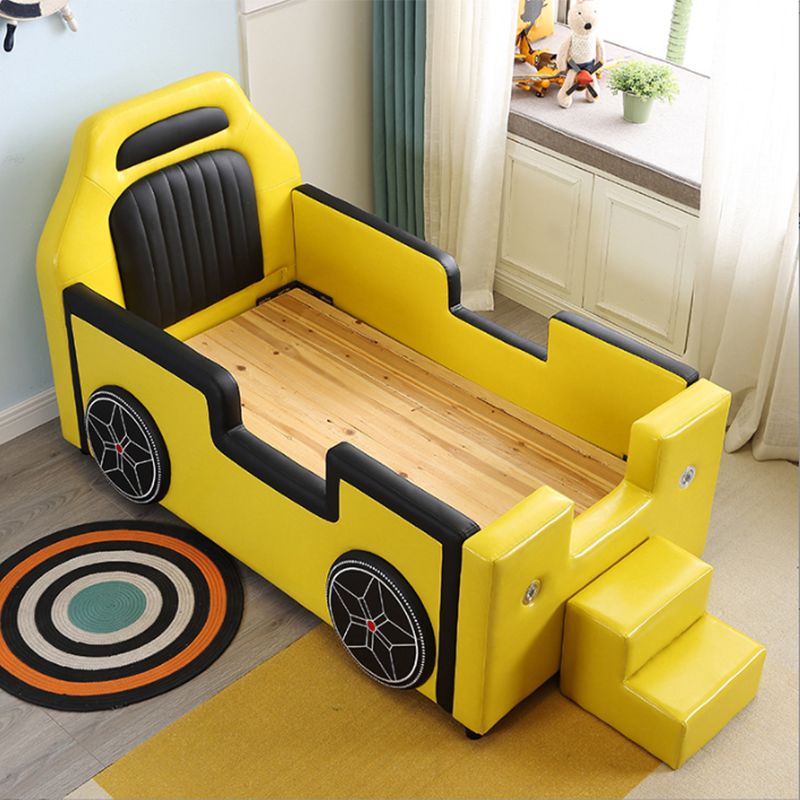 Modern Yellow Go-Kart Bed Upholstered Mattress Included Kids Bed with Guardrail & Stairway