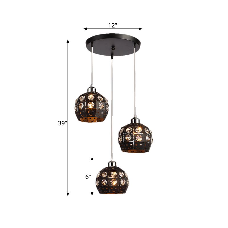 Dome Dining Room Suspension Light Crystal Embedded 3 Heads Modernist Multi Pendant Lamp Fixture in Black