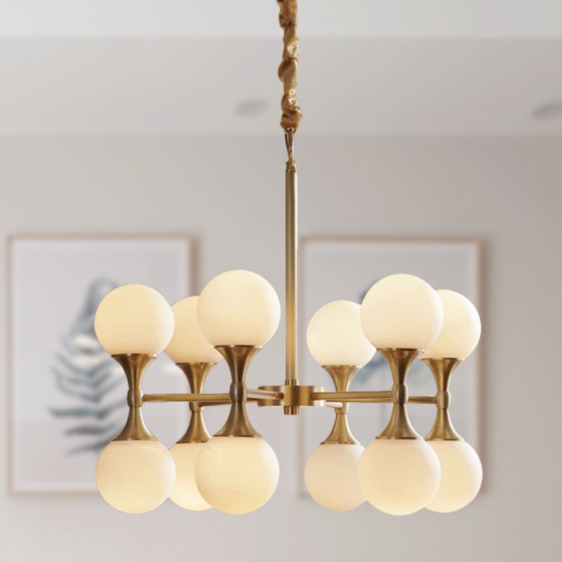 Brass Globe Hanging Ceiling Light Postmodern 12/16 Heads Opal Glass Chandelier Light