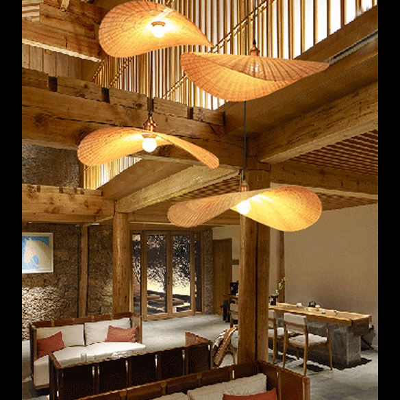 Chinese Hat Shape Pendant Lighting Fixtures Rattan Hanging Light for Restaurant