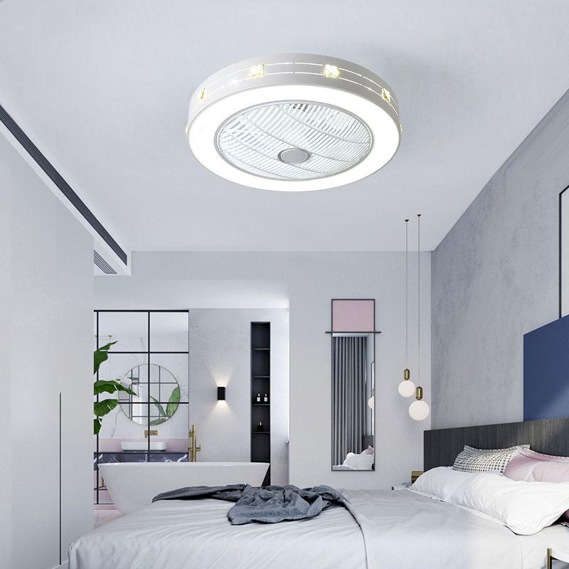 White Hollowed-out Ceiling Fan Nordic Metal LED Round Semi Flush Light for Bedroom