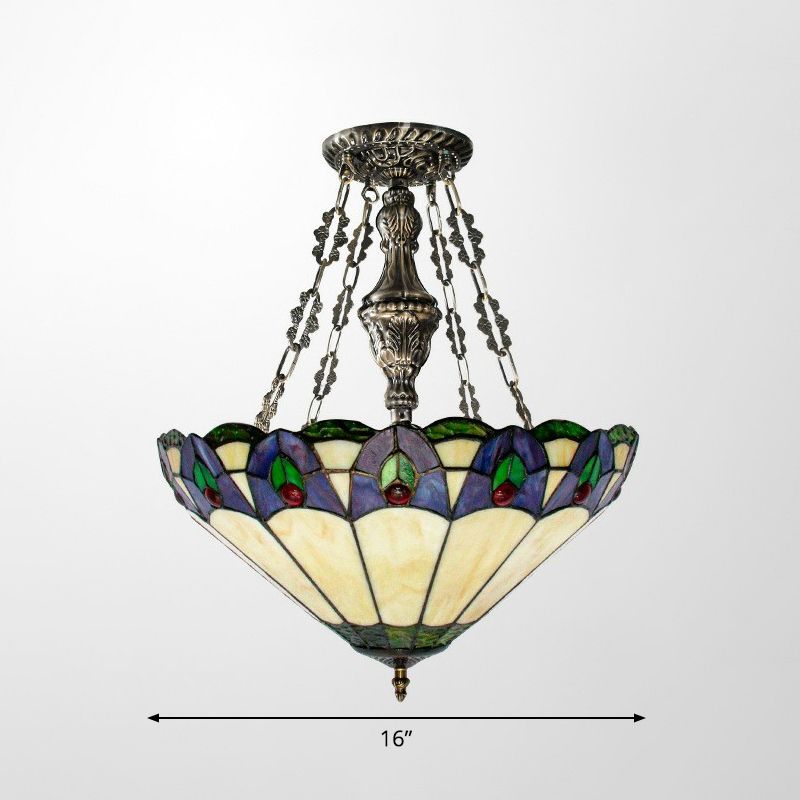 Mission Conical Pendant Chandelier 3-Light Stained Glass Hanging Light in Beige for Dining Room