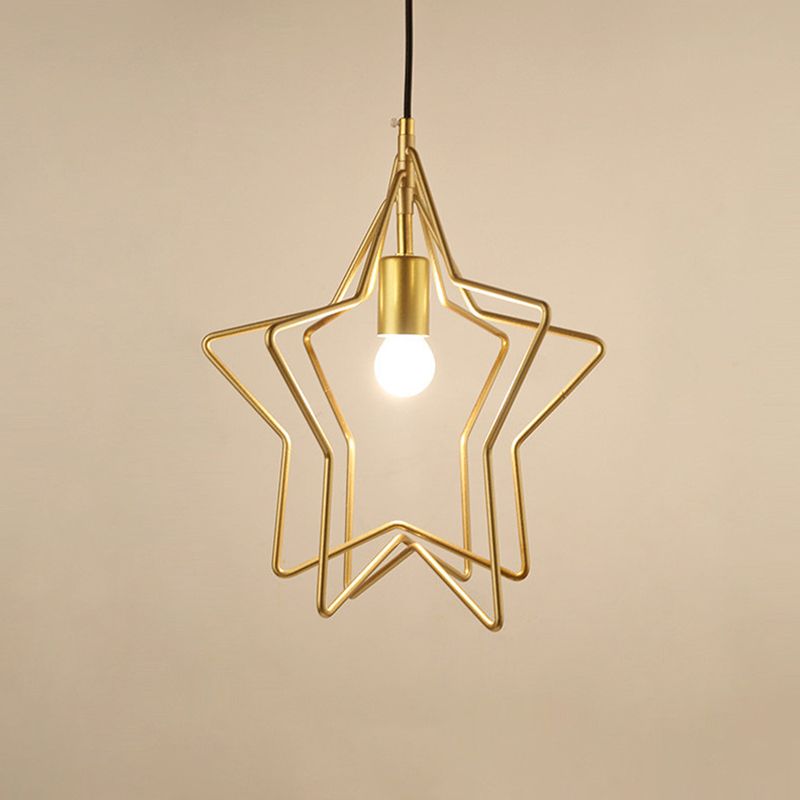 Single-Bulb Ceiling Lamp Vintage Star Cage Metal Hanging Light in Gold for Dining Room