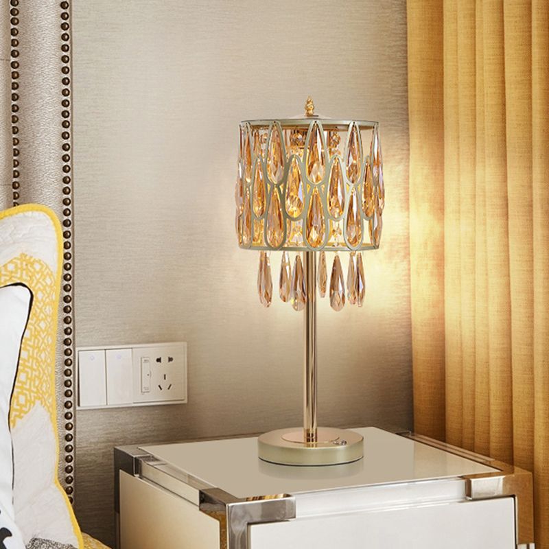 Metal Black/Gold/Champagne Nightstand Lamp Drum Shade 1 Head Contemporary Table Light with Crystal Raindrops Encrusted