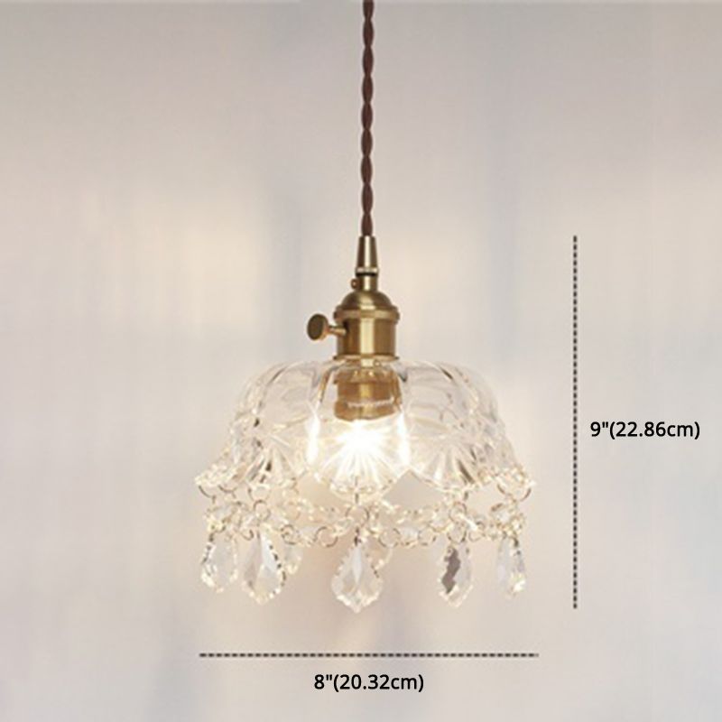 Forme de fleur Shade plafonnier pendant vintage 1 clair en verre transparent clair léger avec un pendentif en cristal