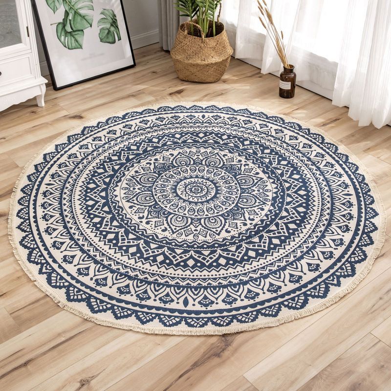 Traditional Moroccan Round Rug Shabby Chic Floral Printed Rug Cotton Blend Stain Resistant Carpet with Fringe for Bedroom