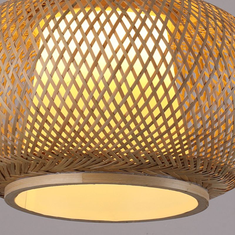 Brown Drum Pendant Light in Asian Creative Style Wrought Iron Hanging Lamp with Bamboo Weaving Shade