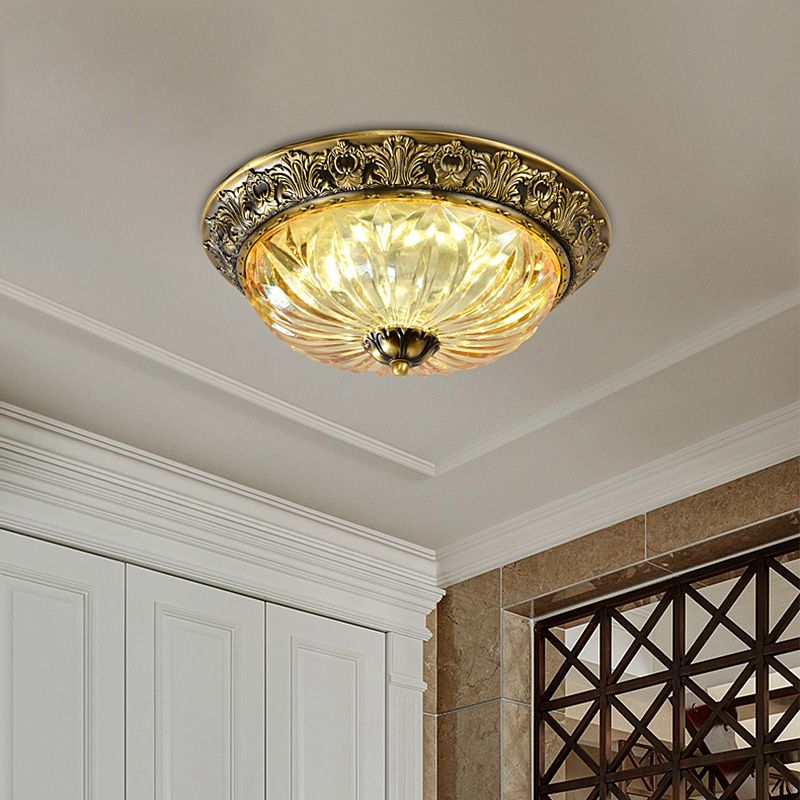 Antiqued Brass Bowl Ceiling Lamp Traditional Carved Glass Corridor Flush Mount Light Fixture